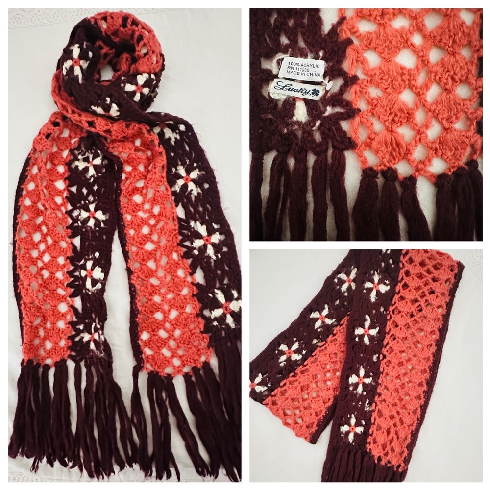 Lucky Brand Crochet Scarf - Coral and Brown